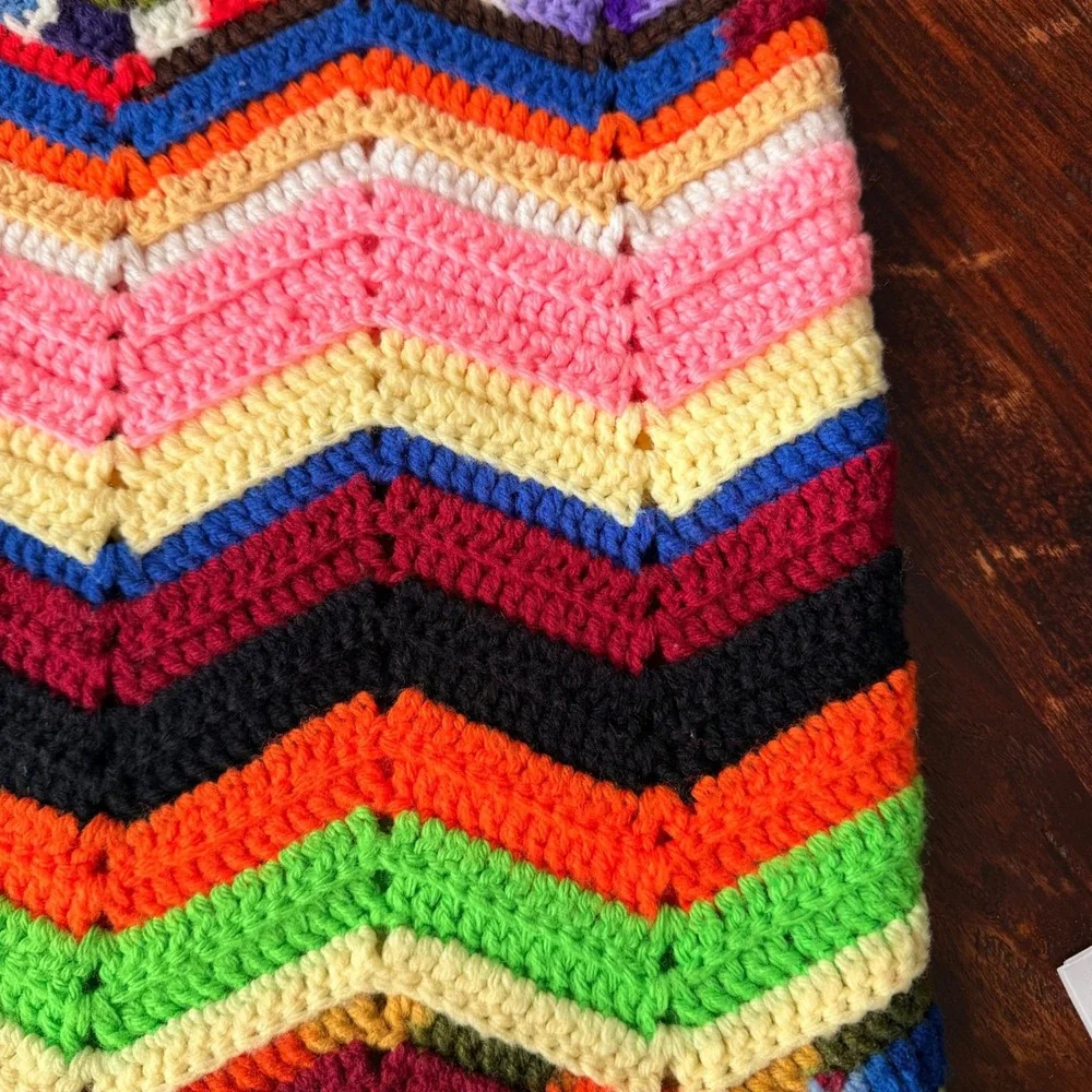 Handmade Afghan‎ Zigzag Crochet Chevron Blanket Multicolor Boho Cozy Throw